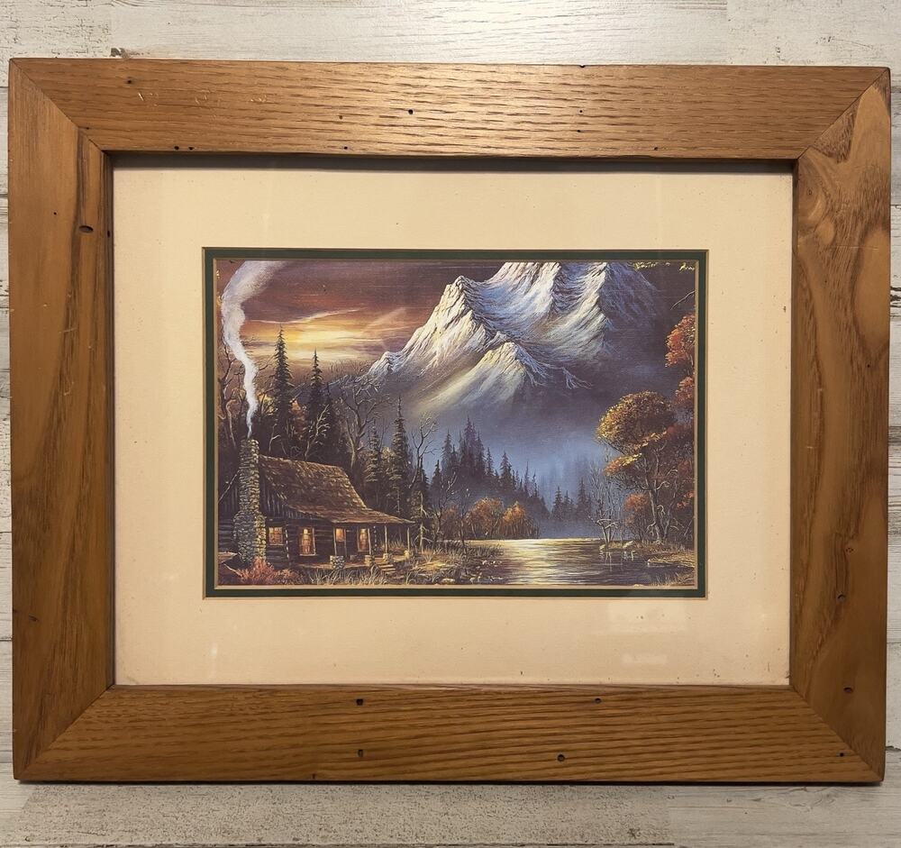 Mountain Cabin Landscape Art Print Framed Rustic Wood Lodge Lake Fall Decor